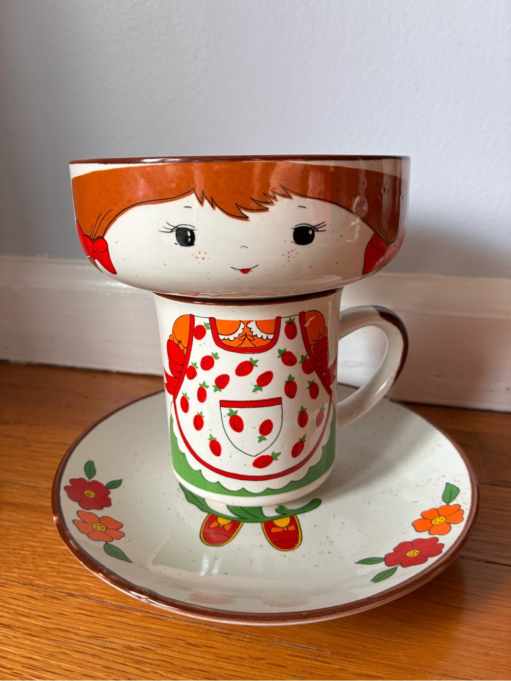 1970s Ceramic Kids’ Strawberry Girl Cup, Bowl & Saucer Dinner Set